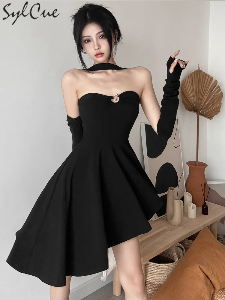 Sylcue Black Intellectual Elegant Personality Retro Art Slim Formal Dignity Irregular Hem Women's Halter Sexy Dress with Sleeves
