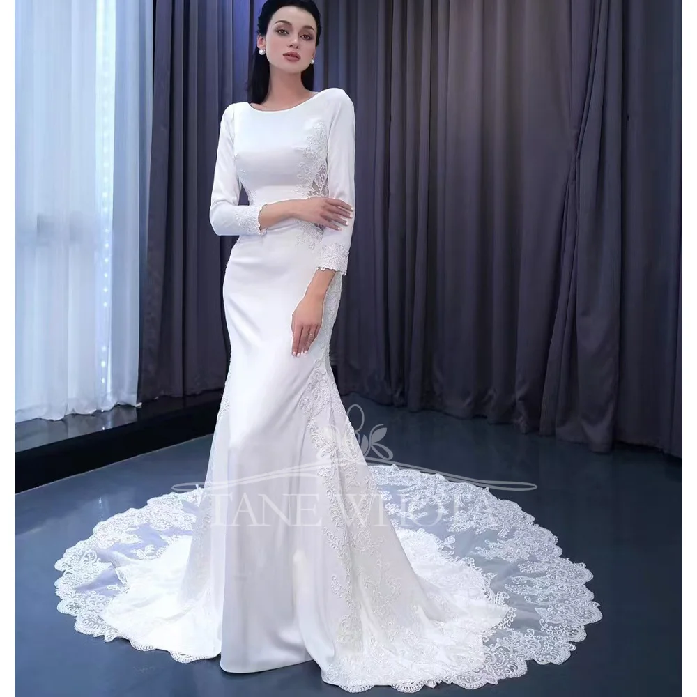 

Women's Sexy Bridal Gown O-Neck Long Sleeve Civil Embroidery Sheath Style Customizable Fit Wedding Dress For Women