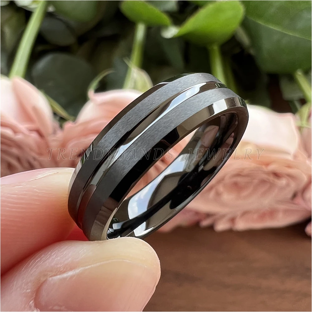 6mm 8mm Black Tungsten Carbide Engagement Ring for Men Women Wedding Band Beveled Edges Brushed Finish With Center Grooved