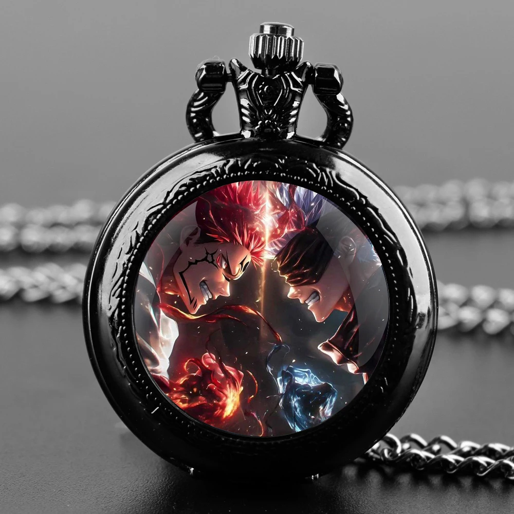 Anime Jujutsu Kaisen Design Glass Dome, reloj de bolsillo de cuarzo con números árabes, cadena colgante, regalos para hombres y mujeres