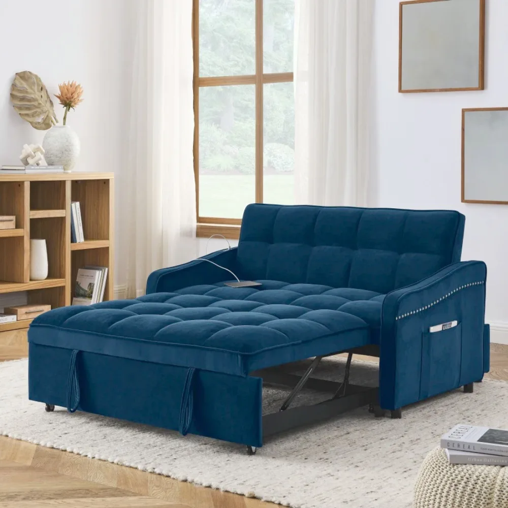 Loveseats Sofa Bed with Pull-out Bed,Adjsutable Back and Two Arm Pocket,TypeC and USB Charging with Copper nail,Blue (47