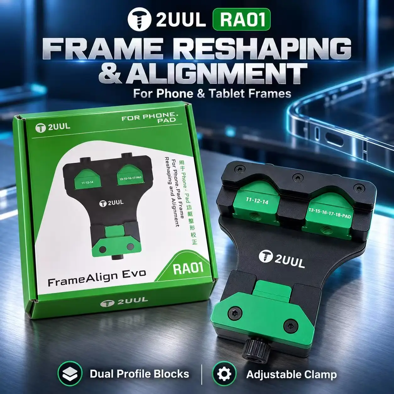 2UUL RA01 Phone and Tablet Frame Alignment Clamp Corner Reshaping Fixture with Dual Positioning Blocks for Device Repair Tools