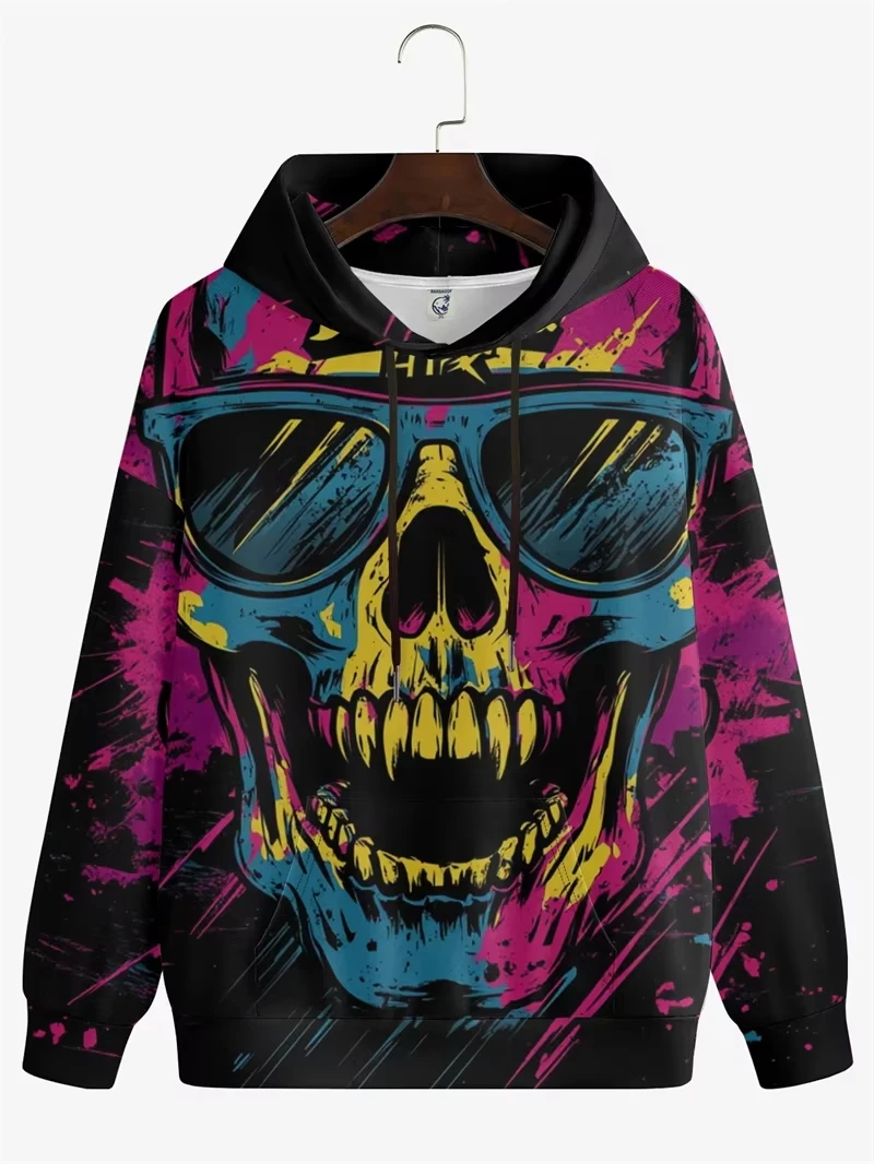 

3D Skull Printed Hip Hop Men's Hoodies Fashion Personality Pattern Long Sleeve Sweatshirts Loose Street Dazzling Cool Pullover
