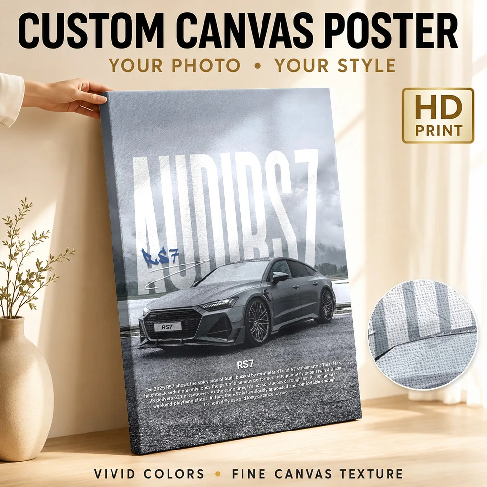 German RS7 Gray Sports Car Canvas Painting Posters Retro Style Wall Art With Customized Photo For Man Cave Ideal Driver Gift