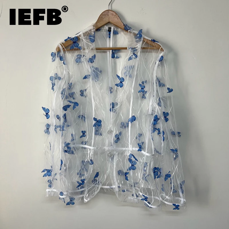 

IEFB Men Trendy Mesh Shirt Fashion Stereoscopic Butterfly Perspective Lace Top Summer Thin Sunscreen Clothing Niche Design 9C551