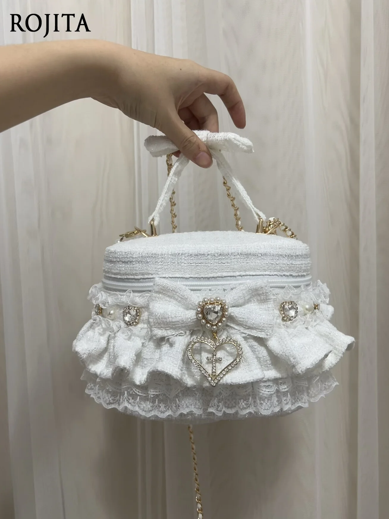 Gothic Lolita Tweed Handbag Women Black Bow Ruffle Frill Rhinestone Box Bag Detachable Pearl Chain Shoulder Crossbody Bag