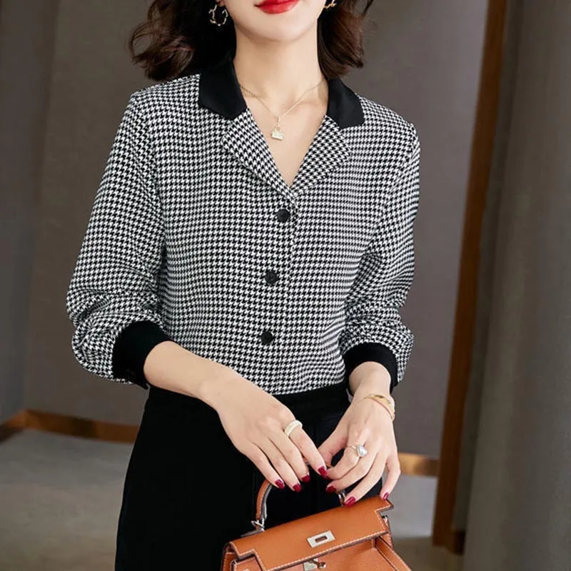 Houndstooth Shirts Women French Elegant Temperament Lapel Casual Blouse Office Ladies Commute Clothes Spring Vintage Chiffon Top