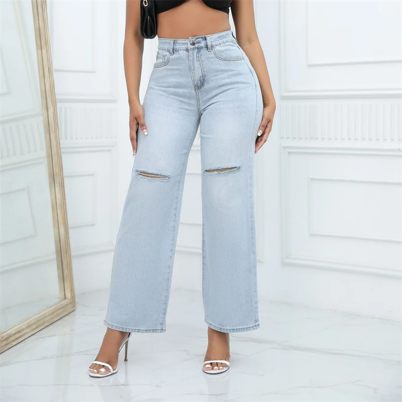 

2026, весенне-осенние новые длинные женские джинсы, широкие джинсы с дырками, однотонные джинсовые брюки со средней талией, уличная одежда для путешествий, женские брюки
