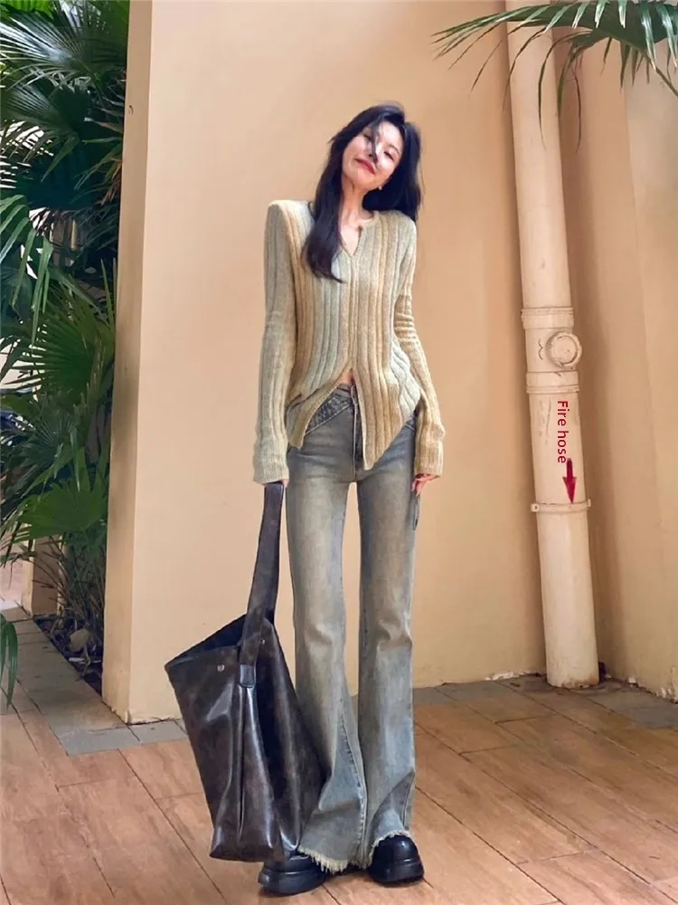 

American Retro Millennium Blue Low Waist Flared Jeans Women's Frayed Extended Floor-Length Hoof Pants