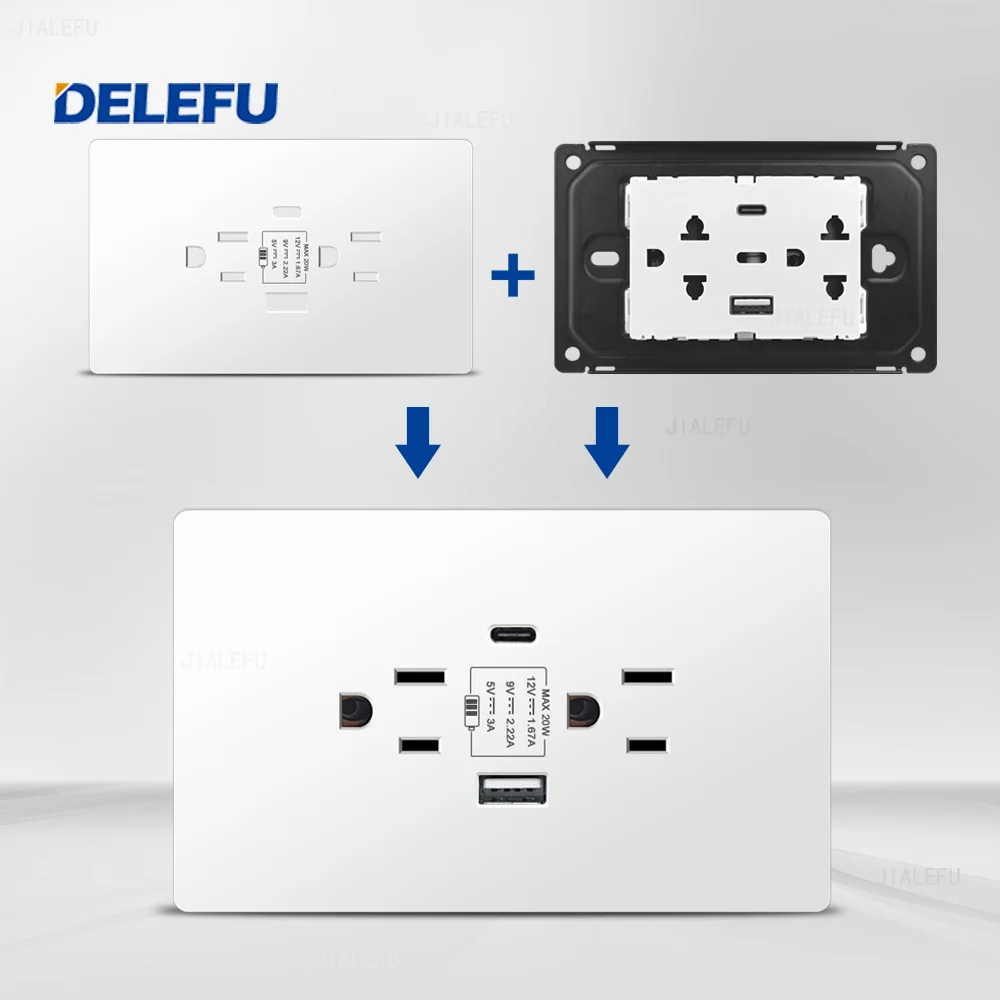 Black White Grey Gold PC Flame Retardant Panel US Mexico Standard Socket USB Type-C 20W Fast Charging Outlet