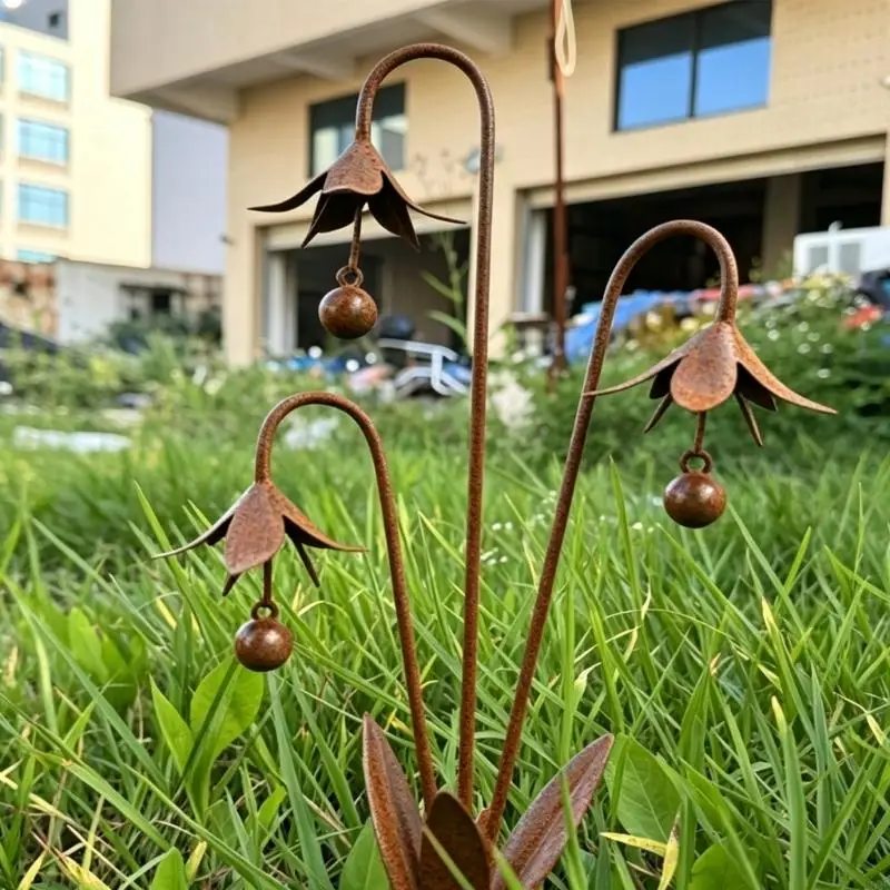 Rusty Metal Garden Stake Rusty Bluebell Flower Yard Art Iron Flower Decoration for Outdoor Rusty Decorative Ornament Gift B03E