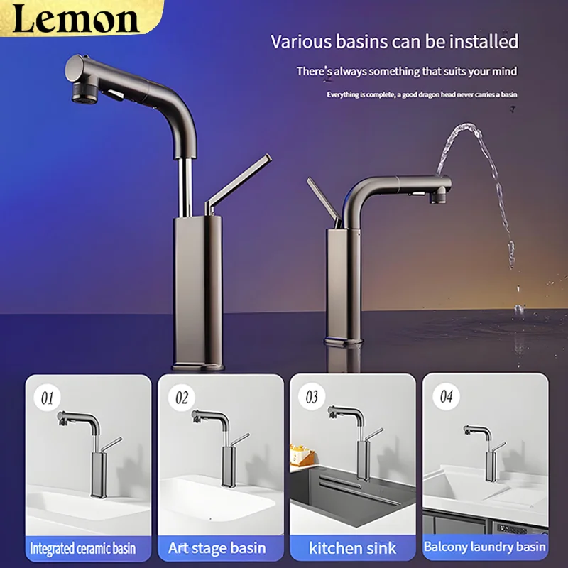 

CHOOXIWU - Creative copper washbasin faucet pull-out lift bathroom sink under the counter hot and cold water washbasin