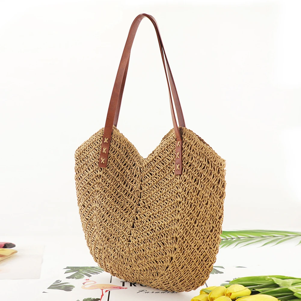 Bolsa feminina de palha tecida à mão, bolsa de ombro, bolsa de praia, casual, para viagens