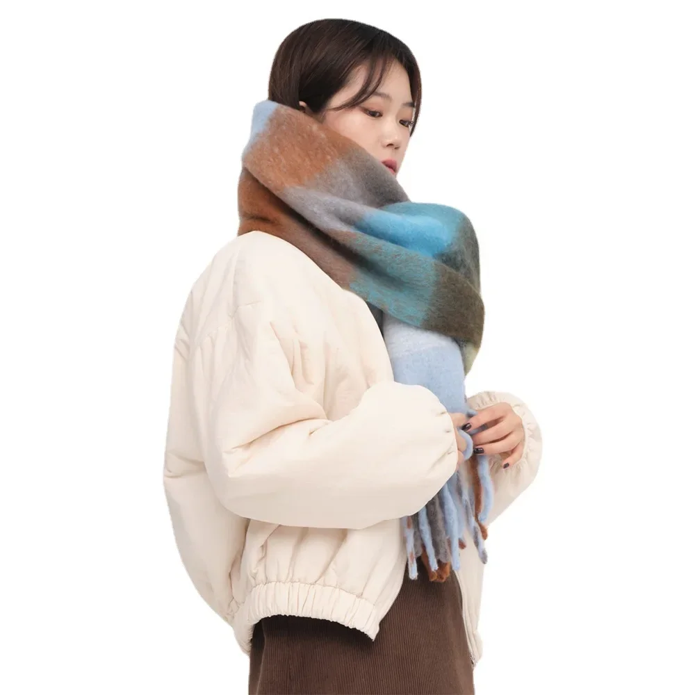 Ins Style New Plaid Mohair Scarf Soft Waxy Warm Scarf Autumn and Winter Imitation Cashmere Shawl Women