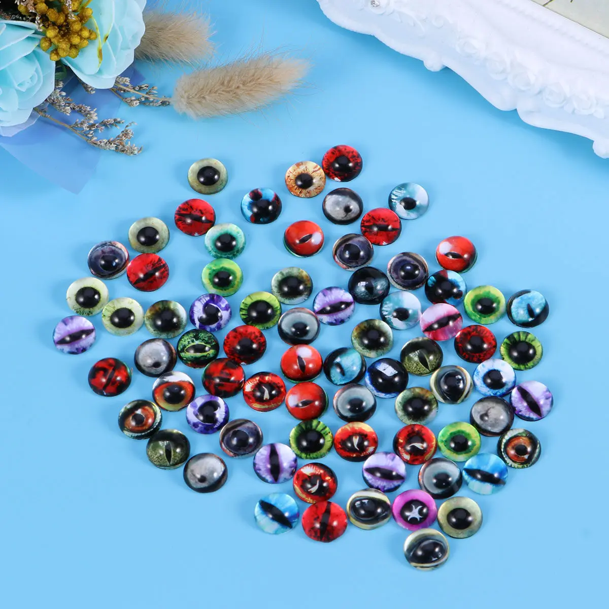 50Pcs 12Mm Round Glass Animal Eye Cabochons Flat Back for Jewelry Design Earrings Rings Cufflinks Art Sculpture DIY Craft