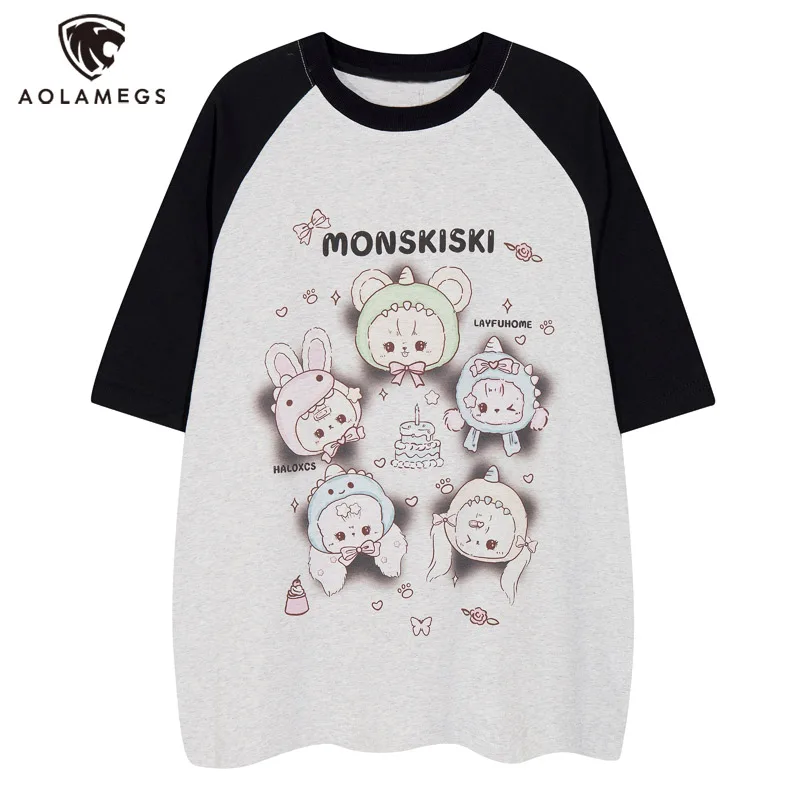 

Aolamegs Men T Shirt Hand-painted Linosaur Contrast Color Tee Shirts Harajuku Casual Couple Short Sleeve Top 3 Color Optional