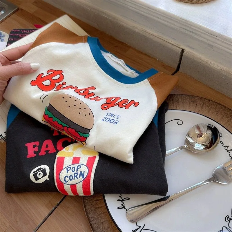Langarm-T-Shirt für Kinder, Jungen, 2025, koreanischer Frühling und Herbst, reine Baumwolle, Jungen-Tops, Cartoon-Druck, kontrastierendes Unterhemd – Detail 1