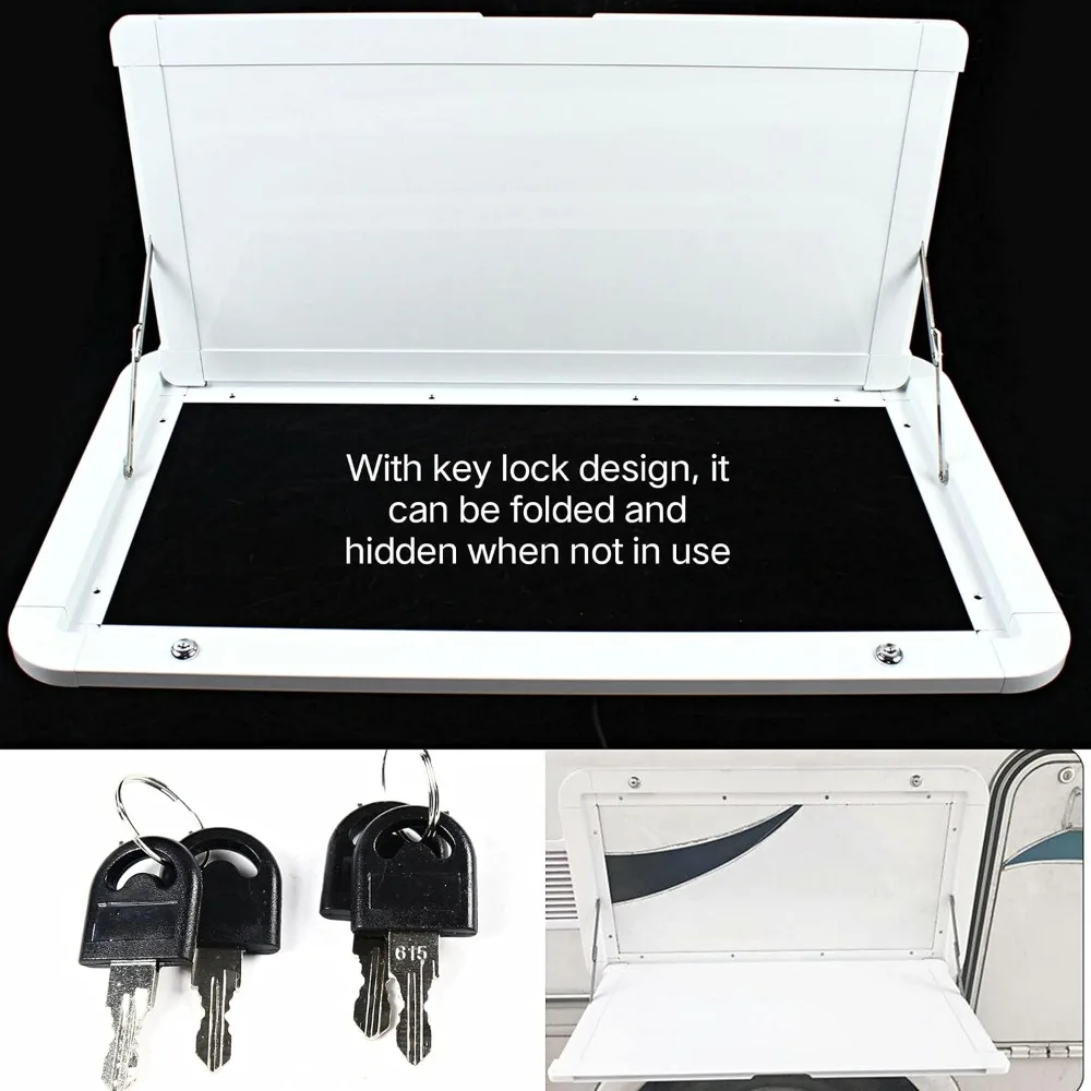 طاولة قابلة للطي مثبتة على الحائط باللون الأبيض، مكتب قافلة RV قابل للطي للأسفل، رف مكتب عائم لمقطورة فان التخييم، خارجي RV