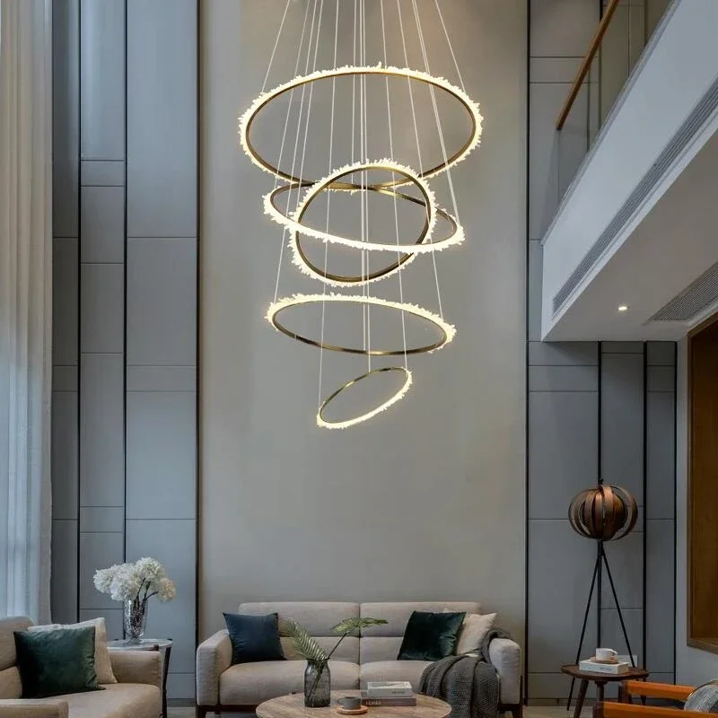 Luxury duplex building crystal chandelier living room staircase golden modern simple shape circle circular lamps LED lighting