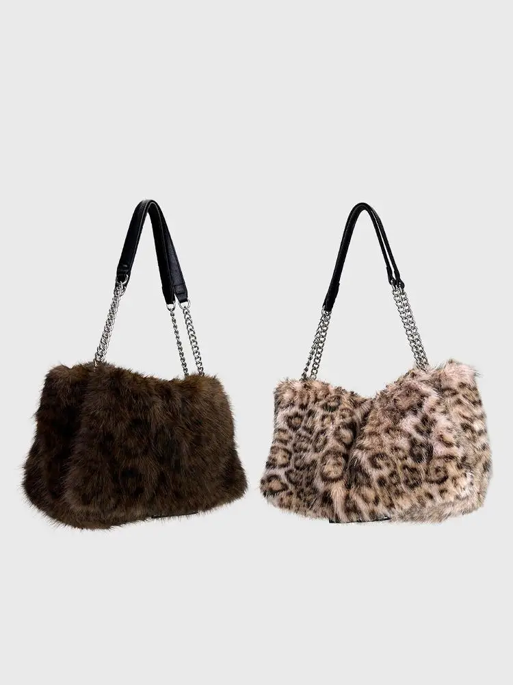 Autumn / Winter Original Leopard Print Imitation Fox Fur Women's Bag Luxury Brand Single Shoulder Crossbody Bag For Women Trendy