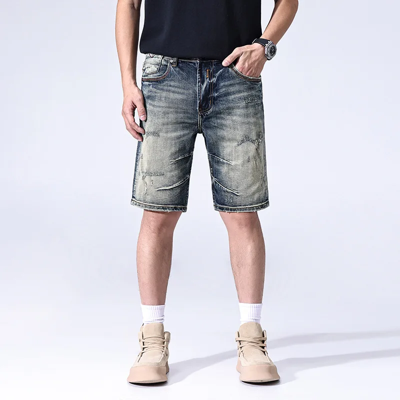 Summer minimalist high-quality vintage Japanese style youth slim fit fashionable versatile denim shorts skinny ripped jeans men