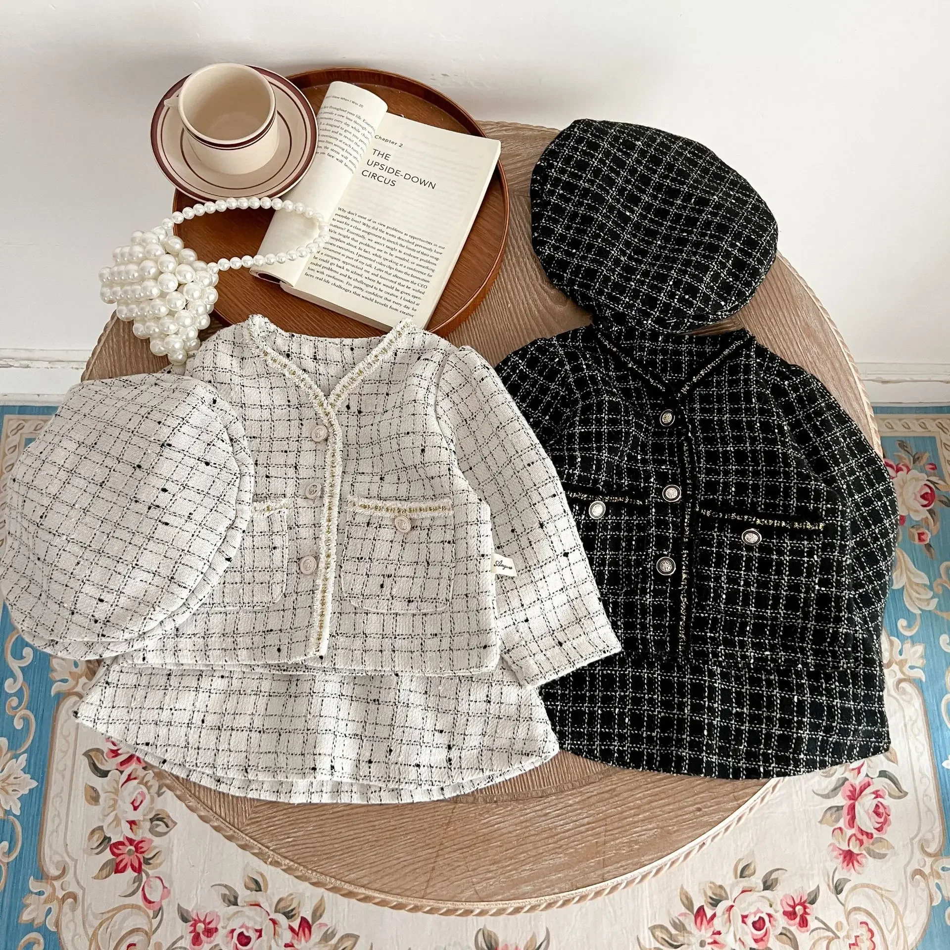 Luxury Designer Kids Clothes Toddler Girl Boutique Tweed Outfits Autumn Children Jacket Skirts Hat Sets Baby Girls Suit Clothing