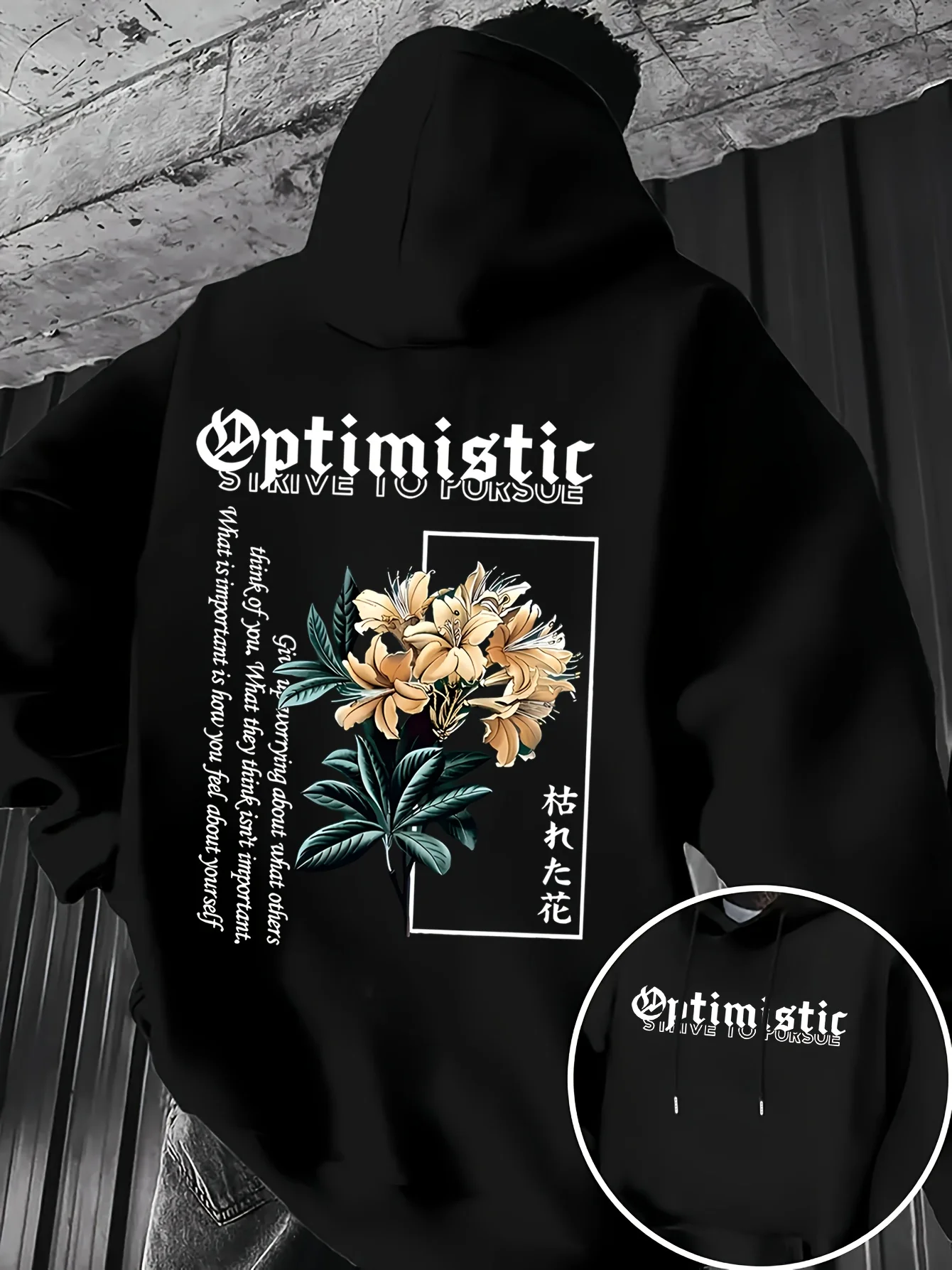 Sweat-shirt à capuche pour homme, style streetwear tendance, imprimé floral optimiste, coupe ample, haut décontracté style streetwear