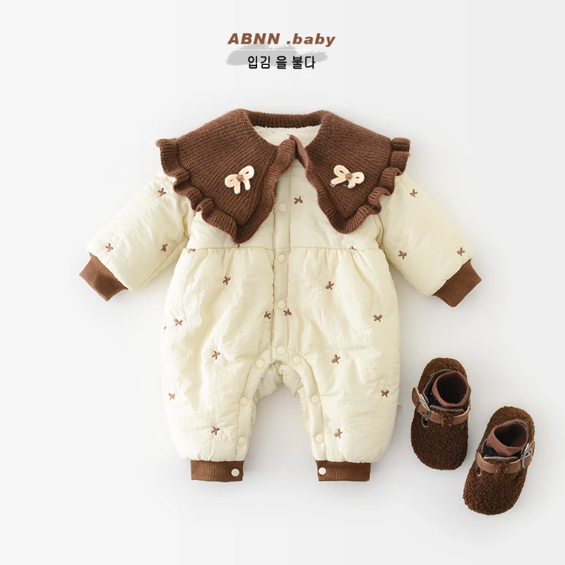 LILIGIRL Baby Warm Jumpsuit Winter New Bow Embroidery Plus Velvet Baby Girl's One Piece Clothes Thicked Climbing Clothes