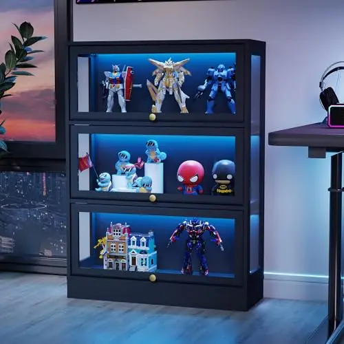 Display Cabinet with Acrylic Glass Doors,3-Tiers Curio Cabinet with LED Lighting for Collectibles, Collectibles Toy