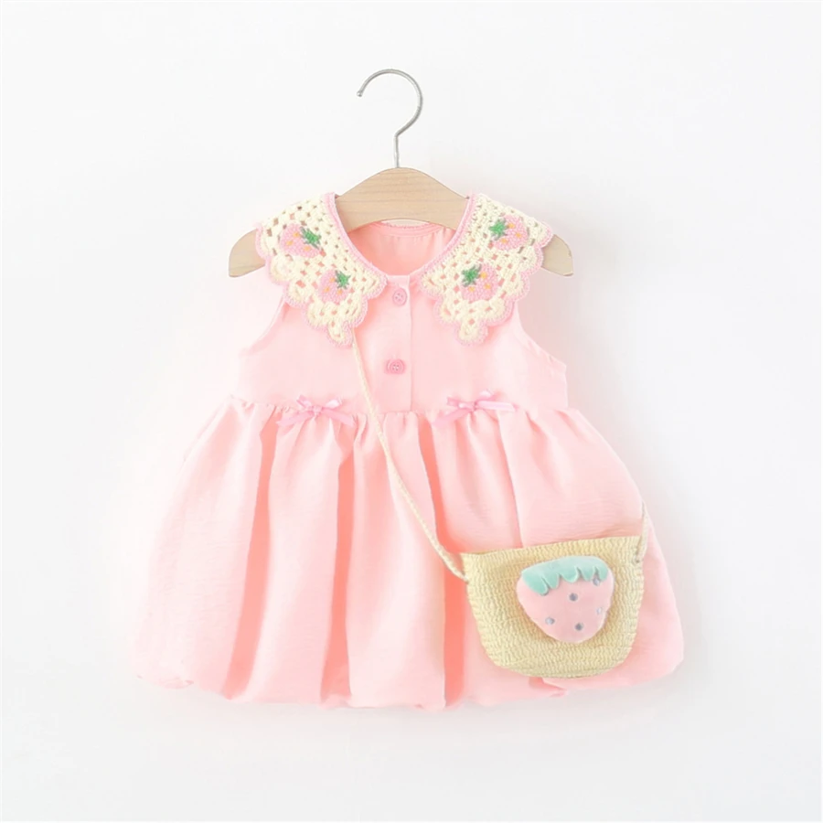 Summer Pink Cotton Dress for Girls with Strawberry Lace Doll Collar Princess Style Kids Clothing Send Bag