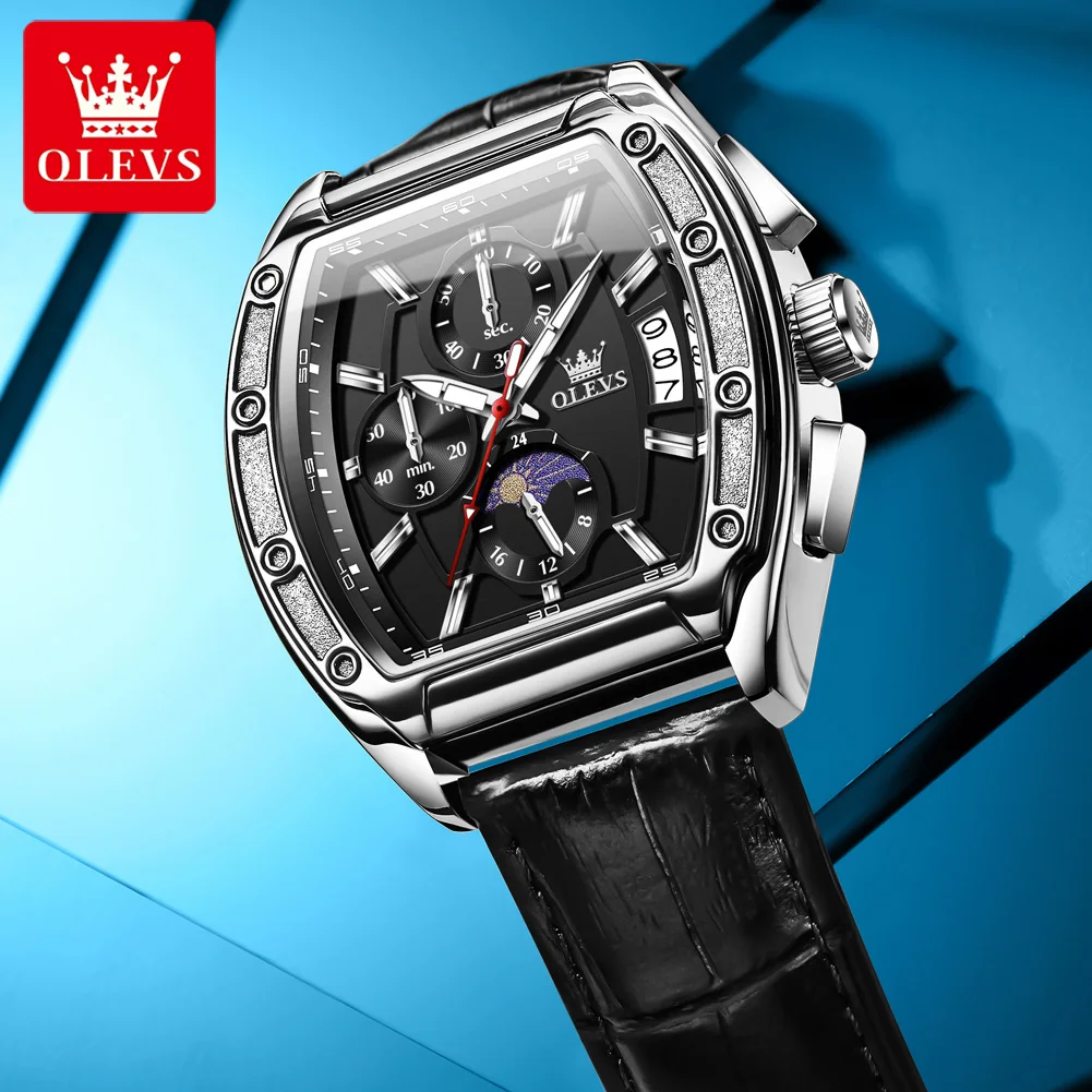 

OLEVS: Элитные мужские кварцевые часы, деловые, кожаные, водонепроницаемые, с люминесцентным покрытием, фазами Луны и хронографом, наручные часы для мужчин