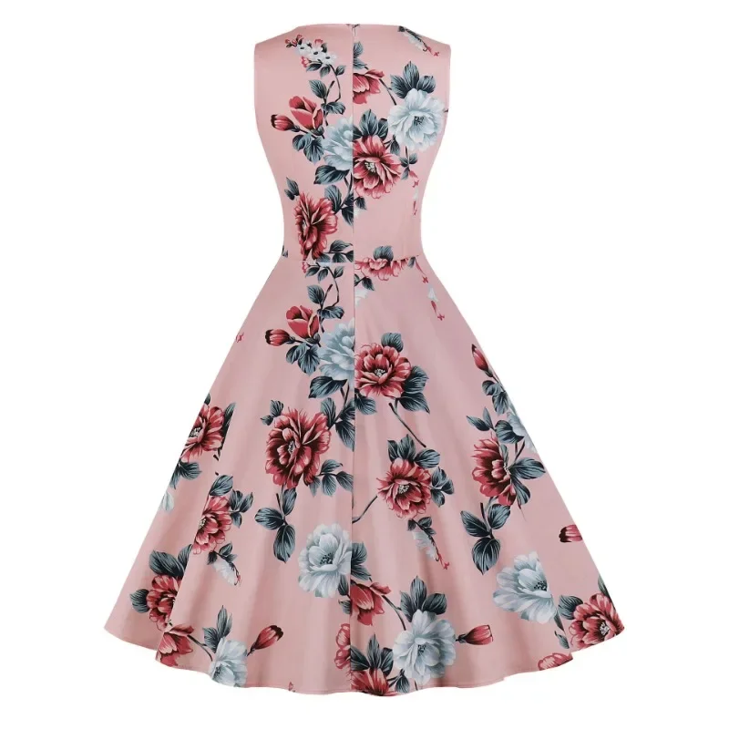 2024 New Vintage Floral Print Summer Dress Retro Women 50s Swing Rockabilly Dresses Robe Women Sleeveless Cotton Party Vestidos