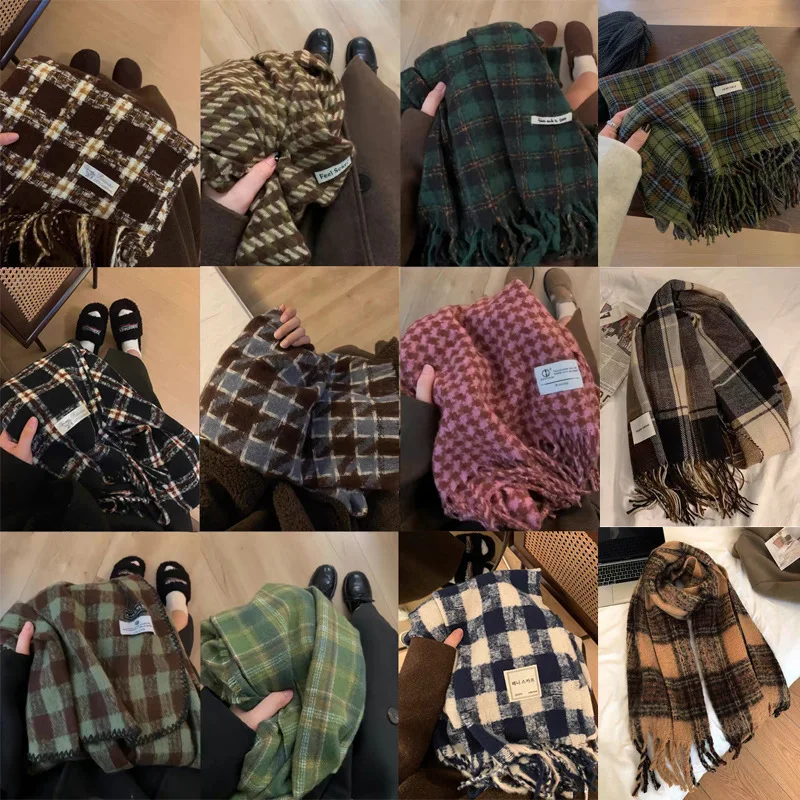 Selendang Tartan Besar Unisex Hangat Musim Dingin Aksesori Mode Korea Penggunaan Sehari-hari Pelajar Selendang Rumbai Retro