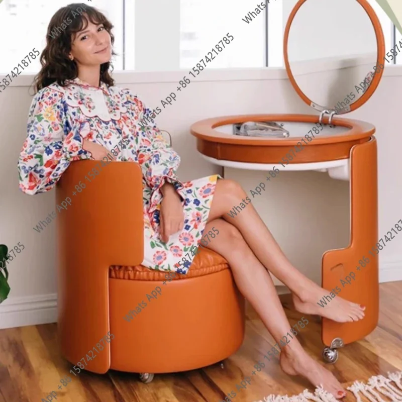 Hi Makeup Mesa de tocador nórdica pequeña con almacenamiento, portátil, de lujo, para dormitorio, con espejo y silla, mueble de esquina para maquillaje