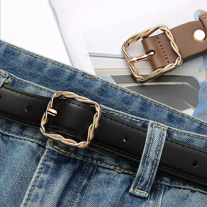 Female Fashion Leather Belt Daily Versatile Twist Square Metal Buckle Belt for Women Suit Jeans Clothing Accessories