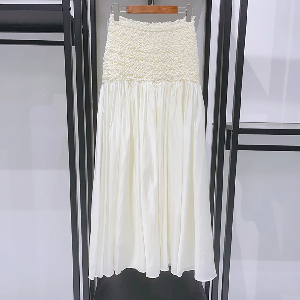 Pleated Splicing Women Skirt Y2k Elastic Waist Temperament Elegant Commuter Hundred Straight Skirt 2025 Early Autumn New