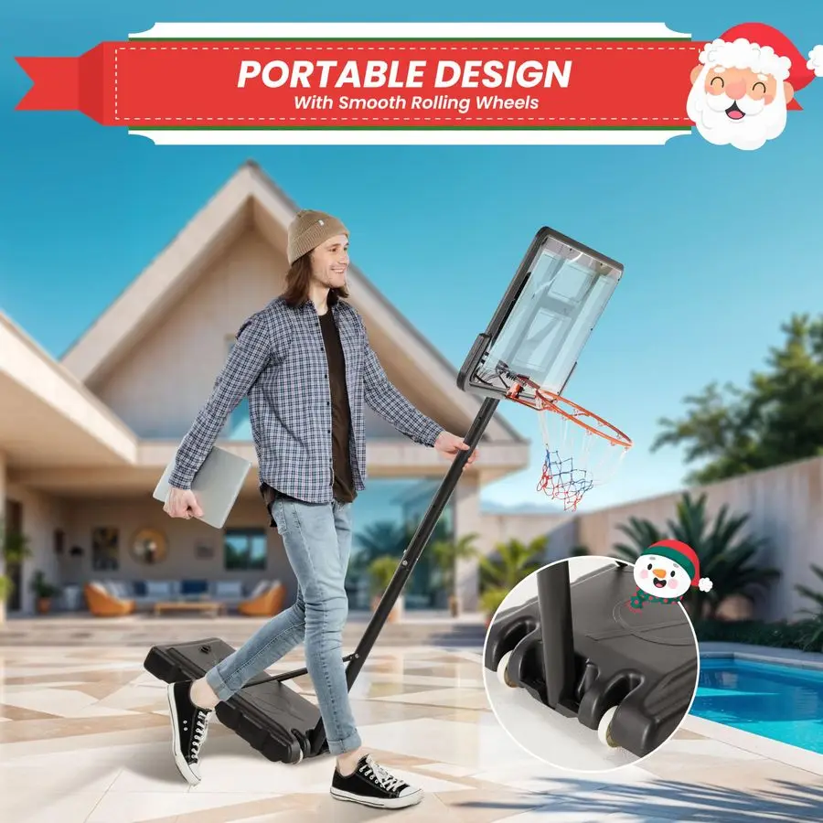 Basketball Hoop Outdoor Adjustable 10ft, Portable Pool Basketball Goal System, 44 Shatterproof Backboard amp Larger Base in Back