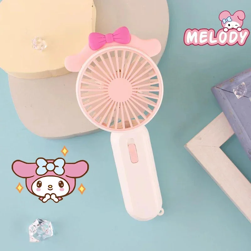 Kuromi Cartoon Sanrio Handheld Electric Fan Charging Stand Up with Light Anime Mini Two Speed Wind Summer Travel Girl Toys Gifts