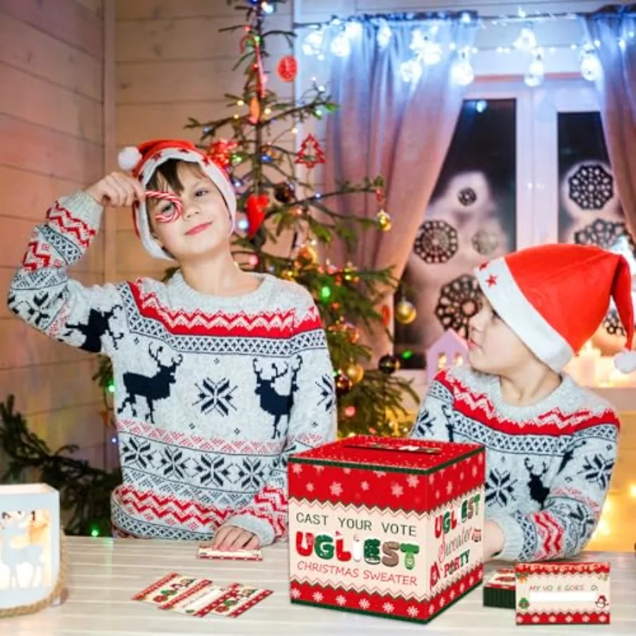 醜いクリスマスセーターコンテスト投票箱、投票カード50枚付き、8.7インチ、クリスマスゲームパーティーデコレーション用投票カードボックス