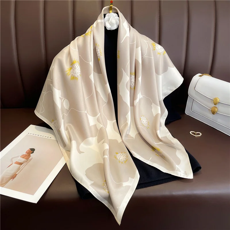 2024 New Silk Scarf Flower Color Matching Scarf Twill Silk Square Scarf 90cm Travel Sunscreen Shawl Headscarf Female