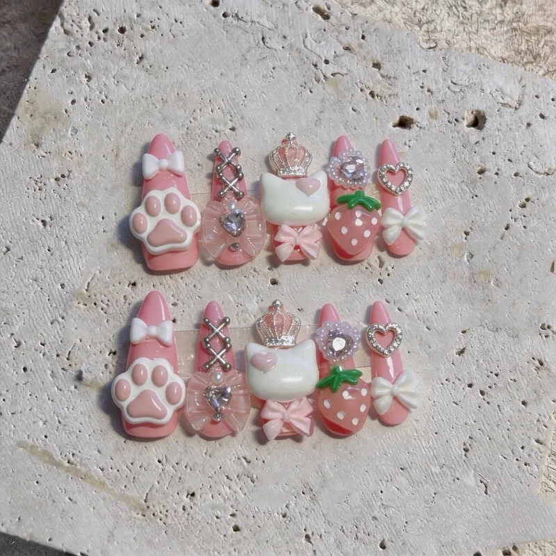 10PCS Pink Sweet 3D Cat Paw Strawberry Bow Medium Oval Handmade Press on Nails Luxury Crown Pearl Rhinestone Almond False Nails