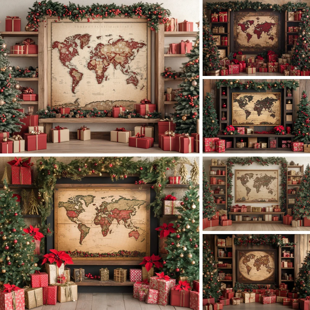Vintage World Map Christmas Photography Backdrop Xmas Tree Gift Box Photo Background Cloth for Family Holiday Shoot Prop
