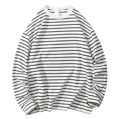 Black and White Stripe Sweatshirts for Men Round Neck Loose Long Sleeves Men Clothing Spring and Autumn Sweatshirts