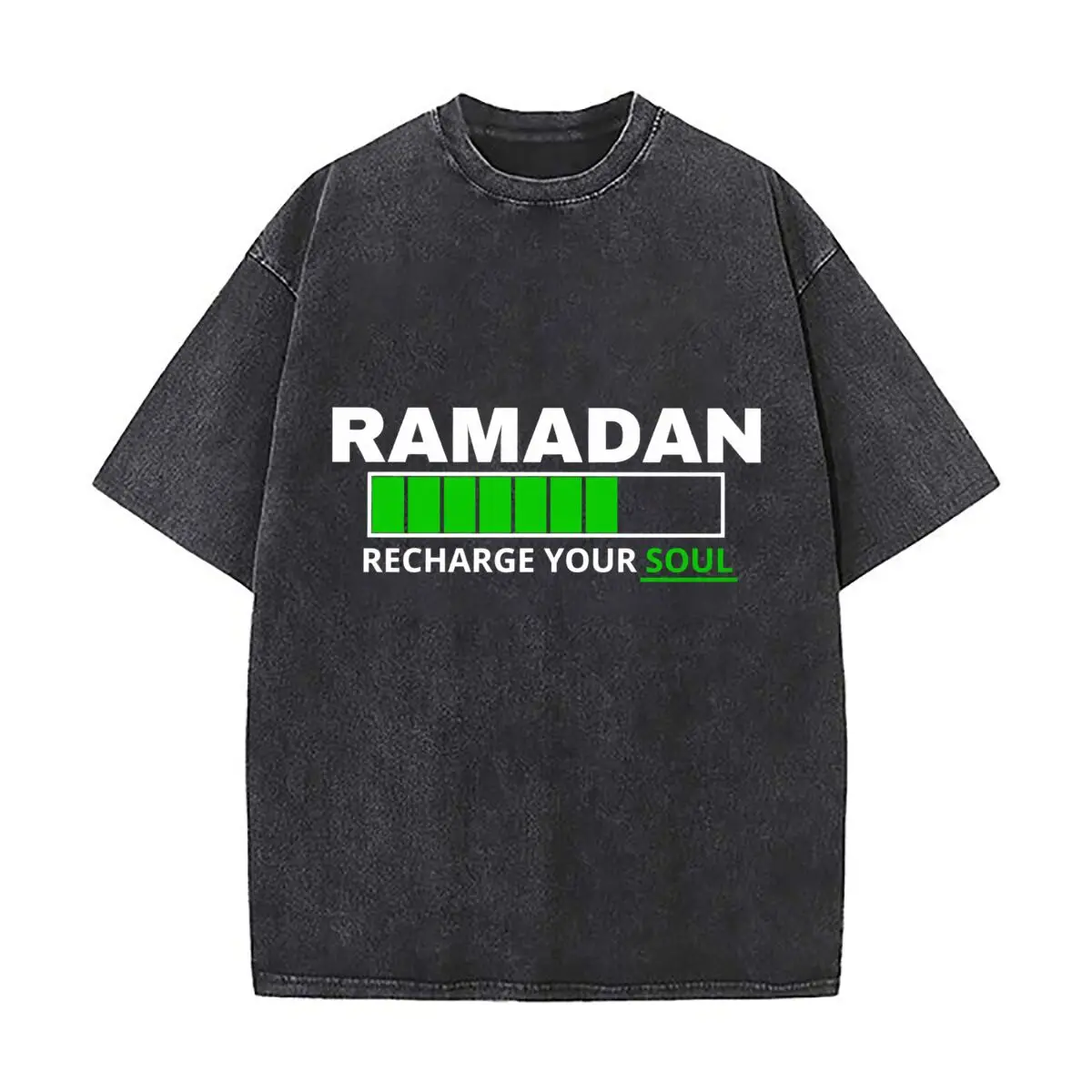 Ramadan Recharge Your Soul Green Energy Bars Washed Short Sleeve Loose Streetwear Tee Hip Hop