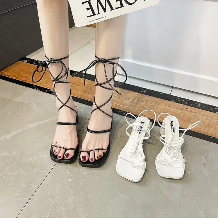 Female Sandal Cross-Shoes Square Toe Clear Heels 2024 Women\'s Med Flip Flops Platform Girls Comfort Beige New Block Medium High