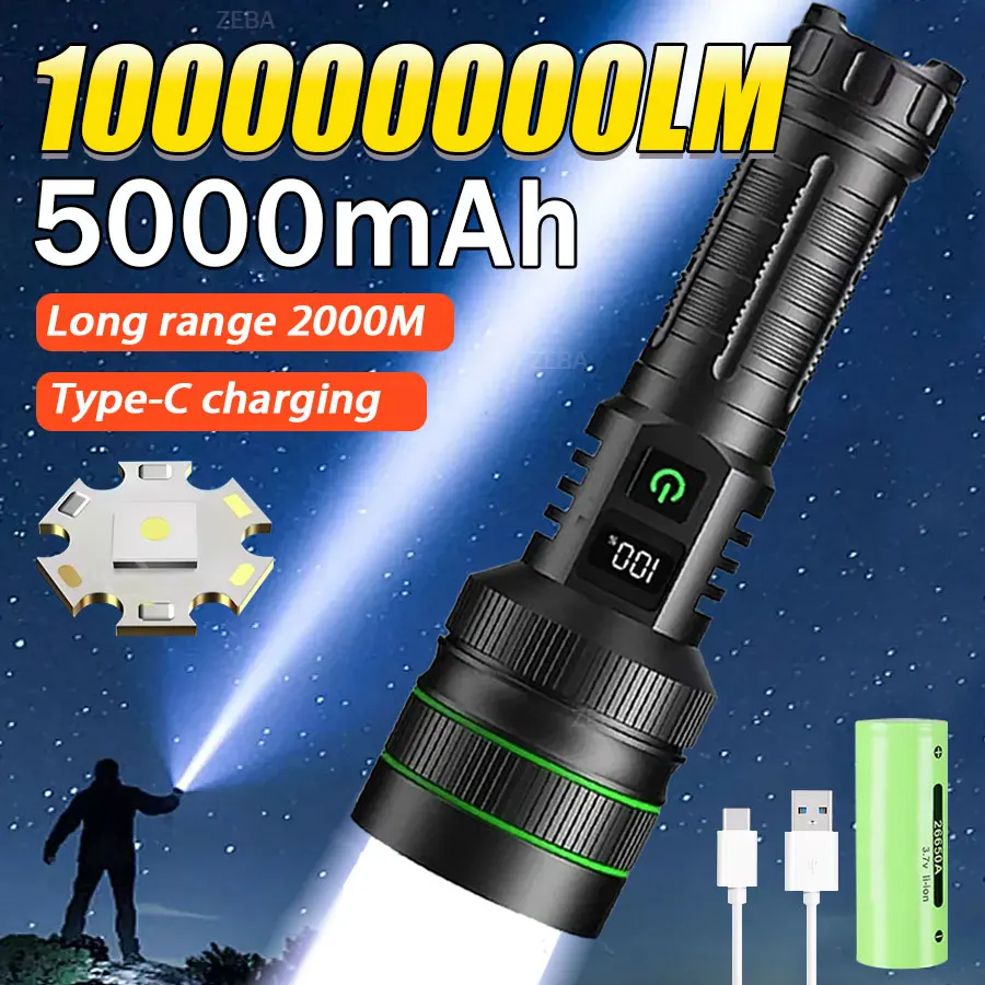 

High Power Super Long Range LED Flashlight Type-C Charging Strong Light Tactical Torch Lamp Outdoor Portable Lantern Waterproof