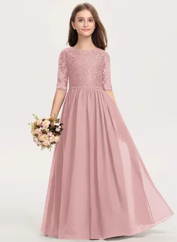 Flower Girl Dresses A-line Scoop Floor-Length Chiffon Lace Junior Bridesmaid Dress With Pleated First Communion Dress
