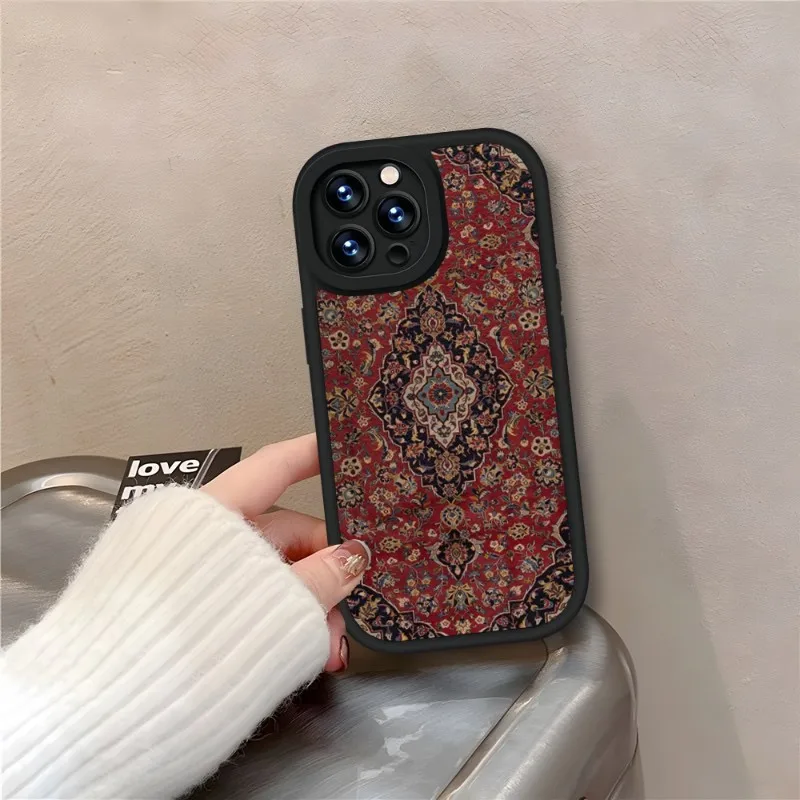 Persian Carpet Floral Pattern Phone Case Black For IPhone 11 14 13 12 Pro Max Mini Xs X Xr 7 8 Plus SE2020 Leather Texture Coque