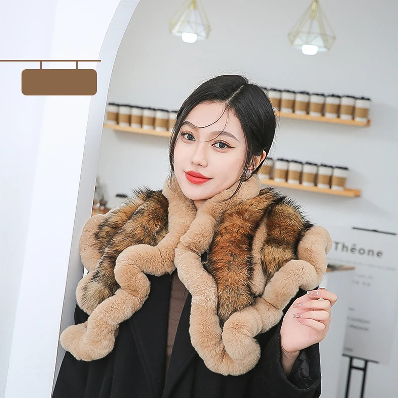 Neuer Damen-Winterschal aus echtem Rex-Kaninchenfell, Warmer Weicher Silberfuchs-Fellschal, Modischer Damen-Poncho aus 100% Echtem Rex-Kaninchenfell – Detail 5