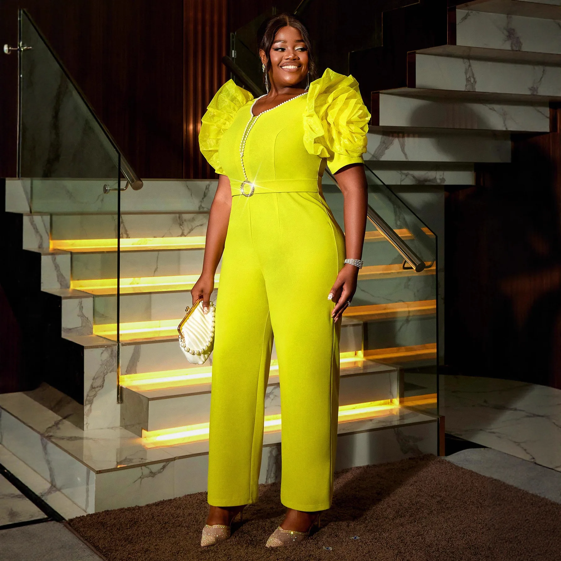 Plus Size Women's Ruffled Jumpsuit Pearl Waist Cinching Elegant Wide-leg Jumpsuit Party Wear Party Summer Elegantes Casual Y2K